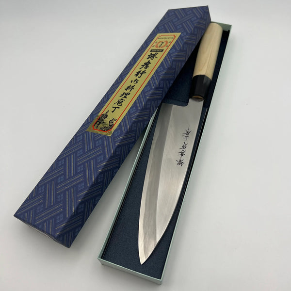 堺 孝行 本霞研 白三鋼 舟行出刃 和包丁 朴柄 1