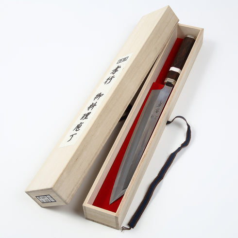 堺 孝行 紫電 銀三鋼 剣型柳刃 飛燕型 和包丁 木箱付き デザートアイアンウッド(杉原モデル)柄 1