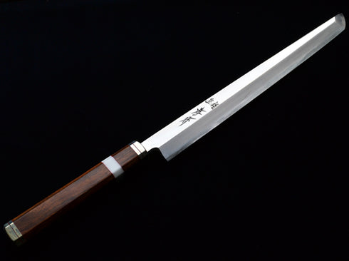 堺 孝行 紫電 銀三鋼 先丸蛸引 飛燕型 和包丁 木箱付き デザートアイアンウッド(杉原モデル)柄 1