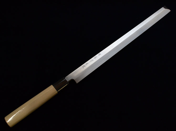 堺 孝行 霞研 白鋼 俎上の鯉の彫刻入り 出刃包丁 – 清助刃物
